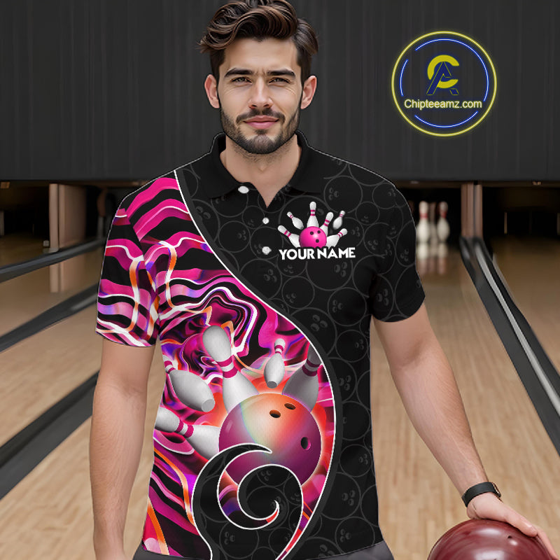 Men’s pink neon wave bowling polo shirt, front view on male model in bowling lane 