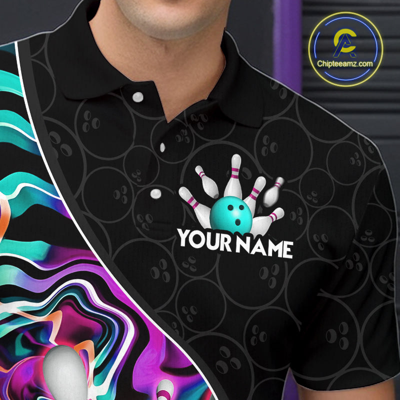 Men’s turquoise neon wave bowling polo shirt, angled front view showing custom team design