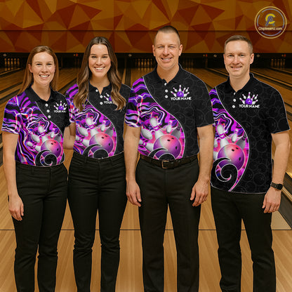 Group of male bowlers in purple neon wave team shirts, personalized bowling uniforms front view.