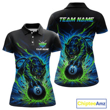Load image into Gallery viewer, Black polo shirt with a panther holding a black eight-ball design, customizable text on front and back, Chiptee Amz branding.