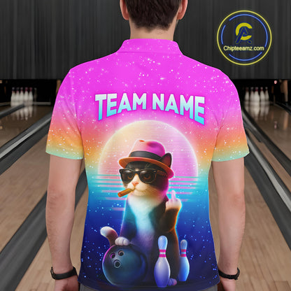 Custom Funny Cat Bowling Shirt for Men Retro Wave Bowling Team Jersey Polo & 1/4 Zip HNT200
