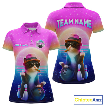 Custom Funny Cat Bowling Shirt for Women Retro Wave Bowling Team Jersey Polo & 1/4 Zip HNT200