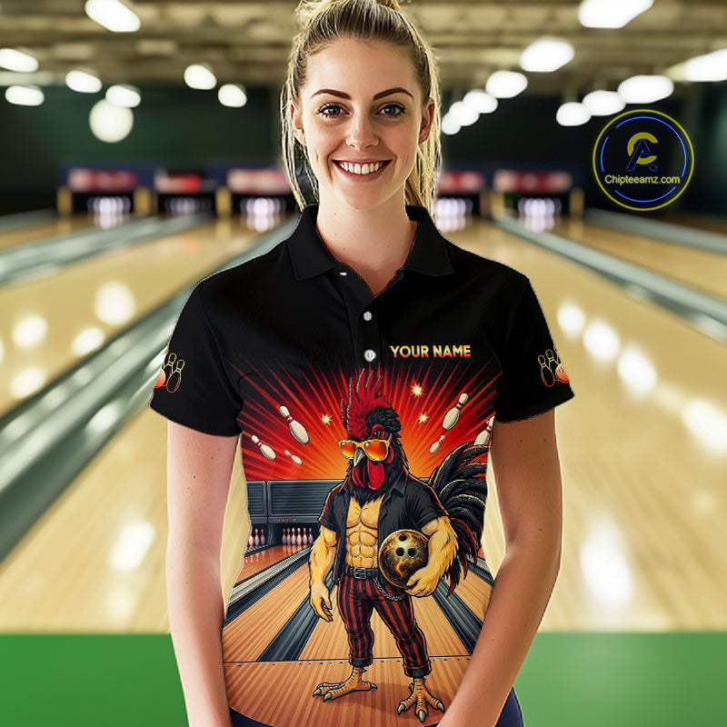 Women’s funny rooster bowling polo shirt, front view on female model in bowling lane 