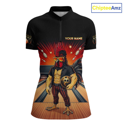 Custom funny rooster bowling jersey for women, personalized team bowling quarter zip shirt front view