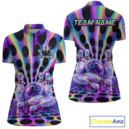 Custom neon cosmic bowling jersey for women, personalized team bowling quarter zip shirt front view and back view