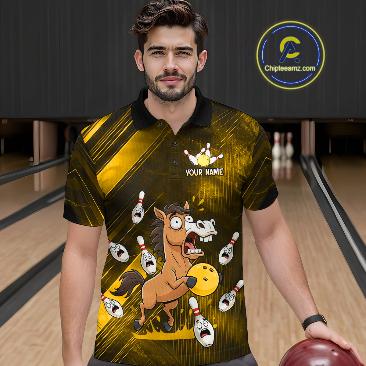 Custom Yellow Funny Horse Bowling Jersey for Men Bowling Team Shirts Bowling Tournament HNT184