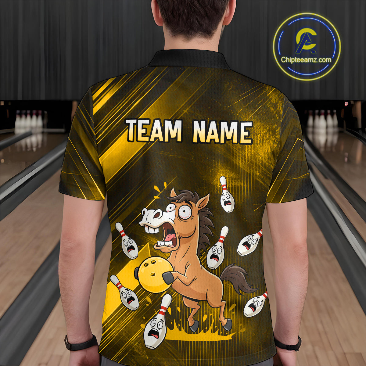 Custom Yellow Funny Horse Bowling Jersey for Men Bowling Team Shirts Bowling Tournament HNT184