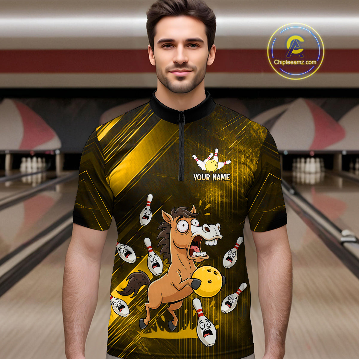 Custom Yellow Funny Horse Bowling Jersey for Men Bowling Team Shirts Bowling Tournament HNT184