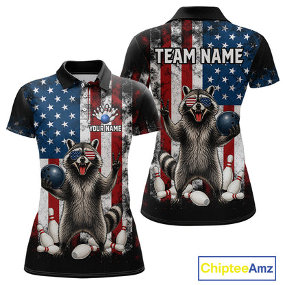 Custom us flag raccoon bowling jersey for women, personalized team bowling polo shirt front view and back view