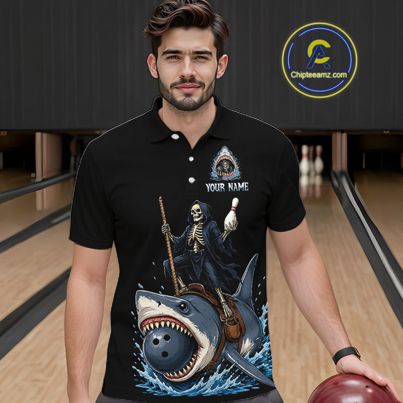 A man wearing a black short-sleeve polo shirt with a large Grim Reaper riding a shark graphic and the text 'YOUR NAME' on the front, standing in a bowling alley. A circular 'ChipteeAmz'