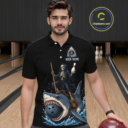 A man wearing a black short-sleeve polo shirt with a large Grim Reaper riding a shark graphic and the text 'YOUR NAME' on the front, standing in a bowling alley. A circular 'ChipteeAmz'