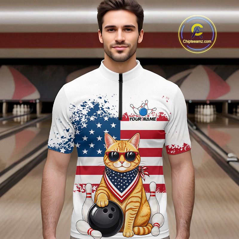 Men’s us flag cat bowling quarter zip shirt, front view on male model in bowling lane 
