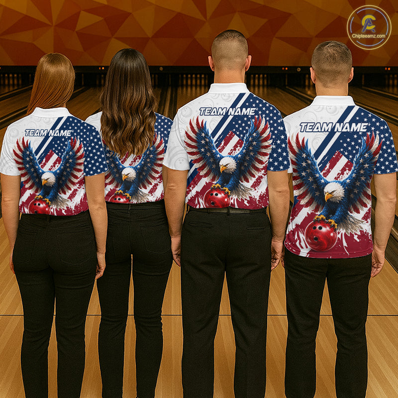 Four people standing from the back in a bowling alley, wearing matching patriotic bowling-themed shirts with bald eagles, stars, stripes, and bowling balls. The shirts have customizable text placeholders 