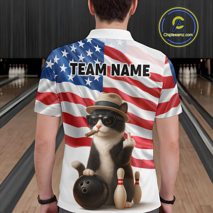 Custom US Flag Funny Cat Bowling Jersey for Men Bowling Uniform Bowling Team Shirts HNT127