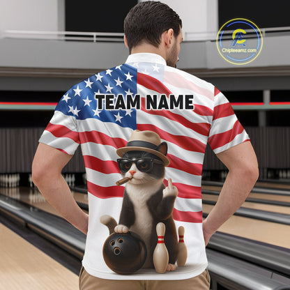 Custom US Flag Funny Cat Bowling Jersey for Men Bowling Uniform Bowling Team Shirts HNT127