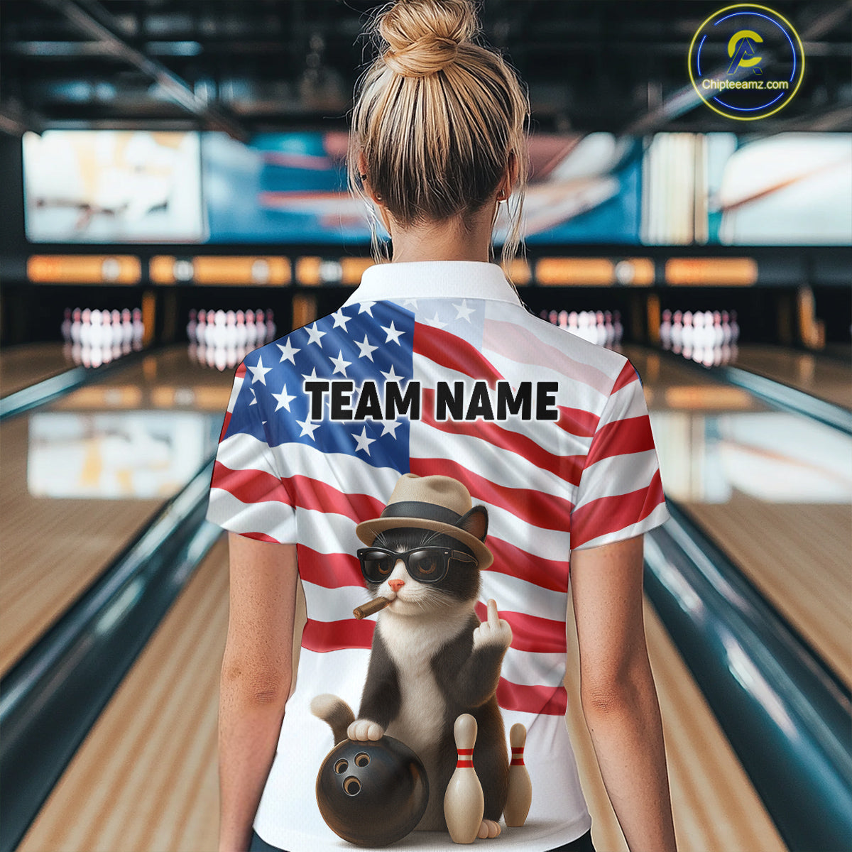 Custom US Flag Funny Cat Bowling Jersey for Women Bowling Uniform Bowling Team Shirts HNT127