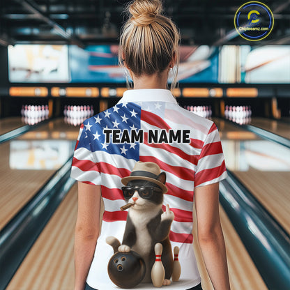Custom US Flag Funny Cat Bowling Jersey for Women Bowling Uniform Bowling Team Shirts HNT127