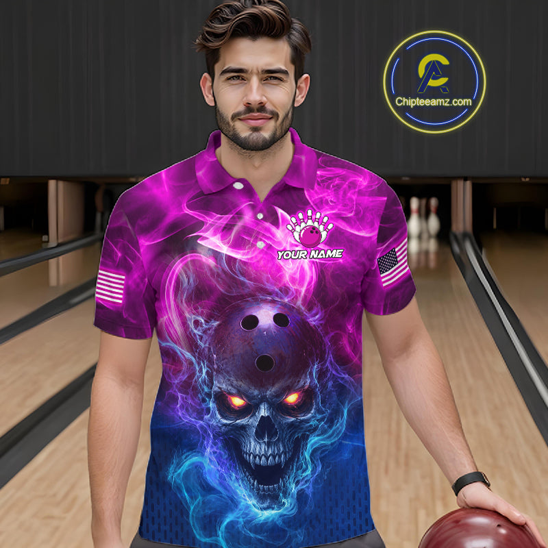 A man wearing a short-sleeve bowling shirt with a vibrant purple and blue skull graphic, standing in a bowling alley holding a bowling ball. The shirt features a custom logo placeholder on the chest and a circular 'Chipteeamz'.