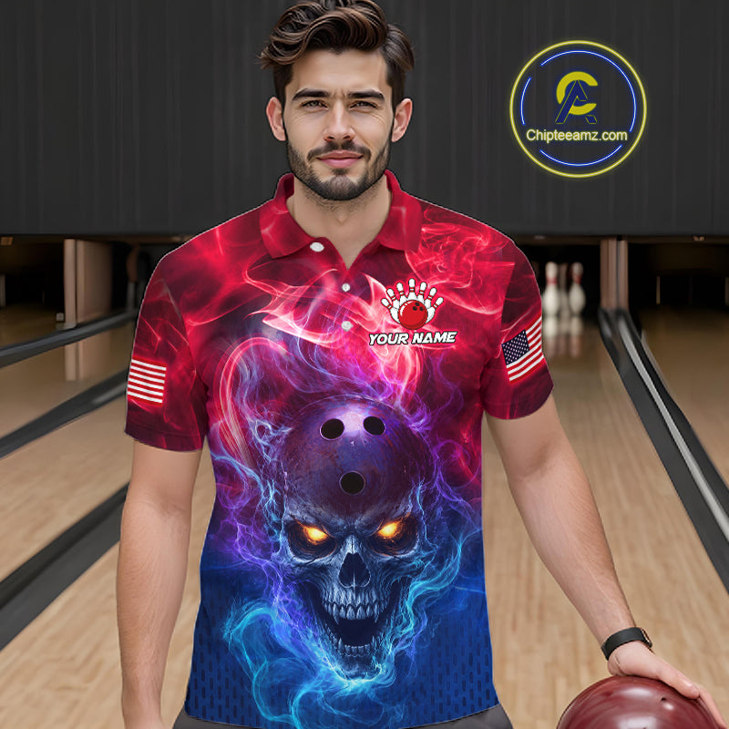Custom Red Smoke Skull US Flag Bowling Team Shirts Bowling Jersey for Men Bowling League HNT449