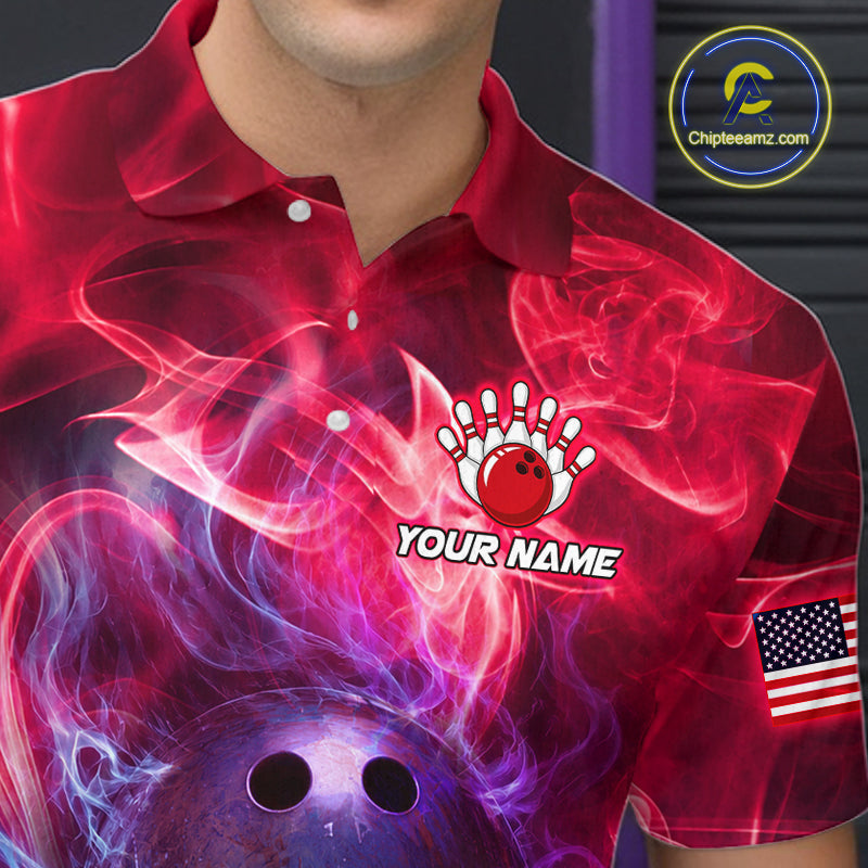 Custom Red Smoke Skull US Flag Bowling Team Shirts Bowling Jersey for Men Bowling League HNT449