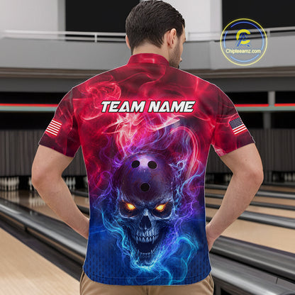 Custom Red Smoke Skull US Flag Bowling Team Shirts Bowling Jersey for Men Bowling League HNT449