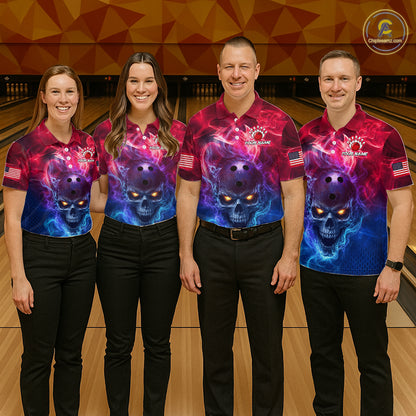 Custom Red Smoke Skull US Flag Bowling Team Shirts Bowling Jersey for Men Bowling League HNT449