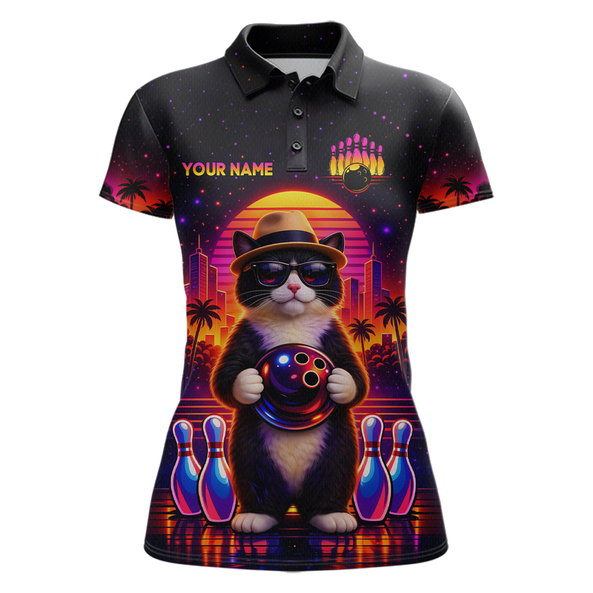 Custom Funny Neon Cat Bowling Jersey for Women Bowling Tournament Polo & 1/4 Zip Bowling Team Shirts HNT210