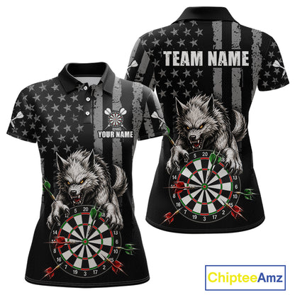 Front and back views of a black short-sleeve polo shirt with a wolf and dartboard graphic, stars-and-stripes background, and customizable text areas, shown on a white background with a ChipteeAmz logo.