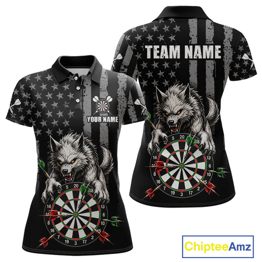 Front and back views of a black short-sleeve polo shirt with a wolf and dartboard graphic, stars-and-stripes background, and customizable text areas, shown on a white background with a ChipteeAmz logo.