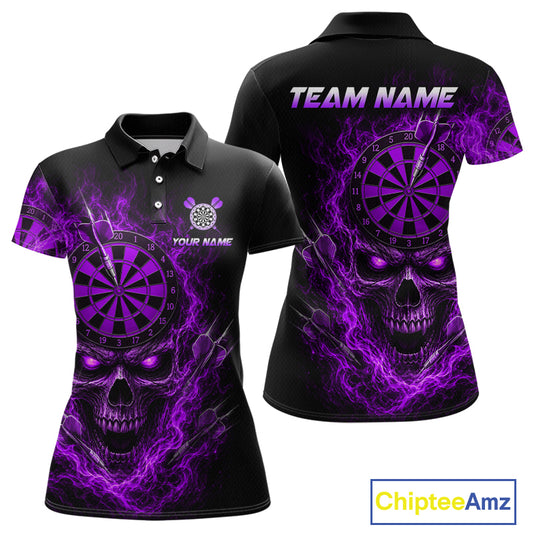 Black short-sleeve polo shirt shown from front and back with a large purple skull and dartboard graphic, plus customizable text areas reading TEAM NAME and YOUR NAME. A ChipteeAmz logo appears in the bottom right corner.