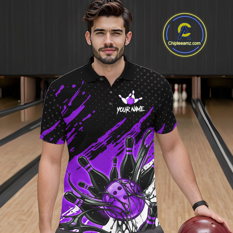 Custom Purple Bowling Jerseys For Men, Personalized Bowling Team Shirts Bowling Pin And Ball HNT283