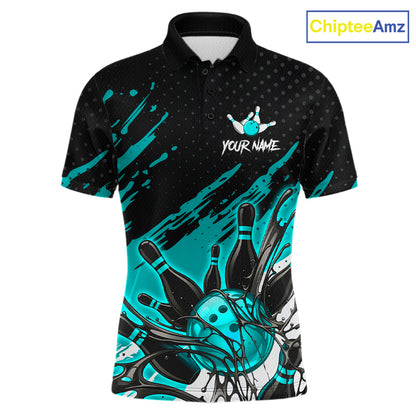 Custom Turquoise Bowling Jerseys For Men, Personalized Bowling Team Shirts Bowling Pin And Ball HNT283