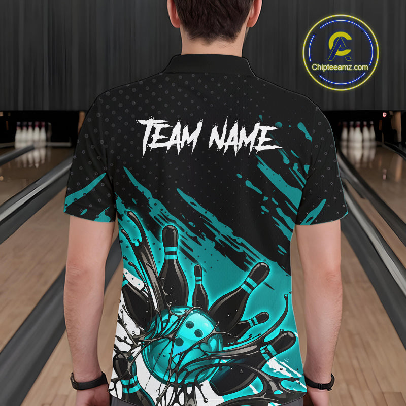 Custom Turquoise Bowling Jerseys For Men, Personalized Bowling Team Shirts Bowling Pin And Ball HNT283