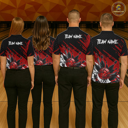 Custom Red Bowling Jerseys For Men, Personalized Bowling Team Shirts Bowling Pin And Ball HNT283