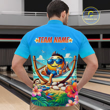 Load image into Gallery viewer, Man wearing summer quarter zip shirt with a colorful design on the back, featuring a character with sunglasses and a drink, set against a bowling alley background.