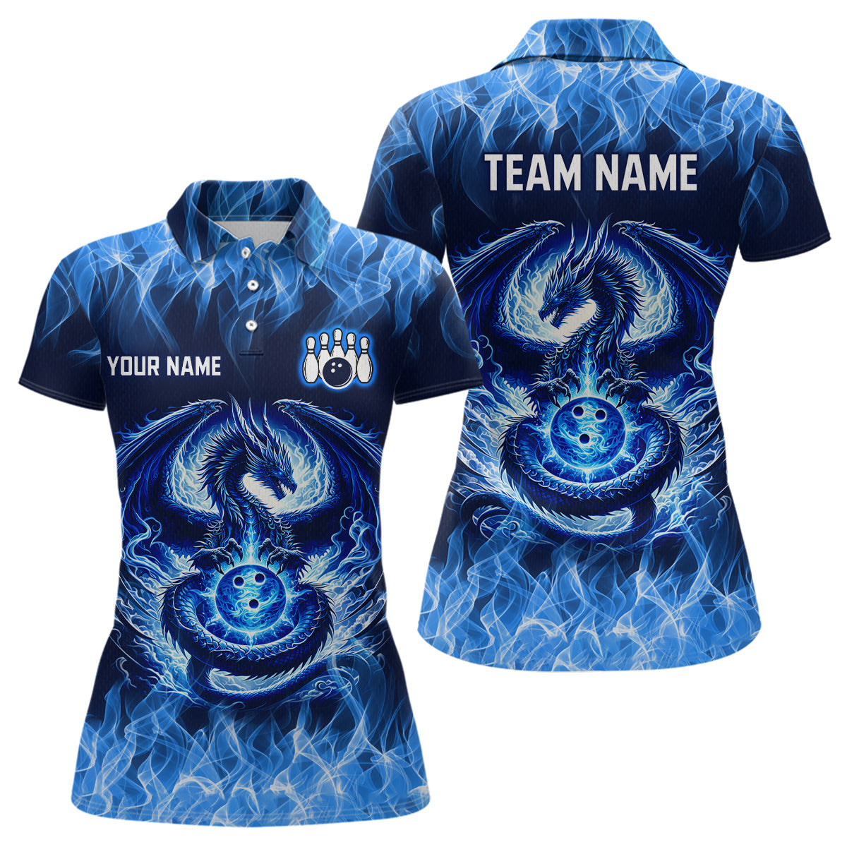 Custom Blue Dragon Flame Bowling Jersey for Women Bowling Team Shirts Bowling Polo & 1/4 Zip HNT189