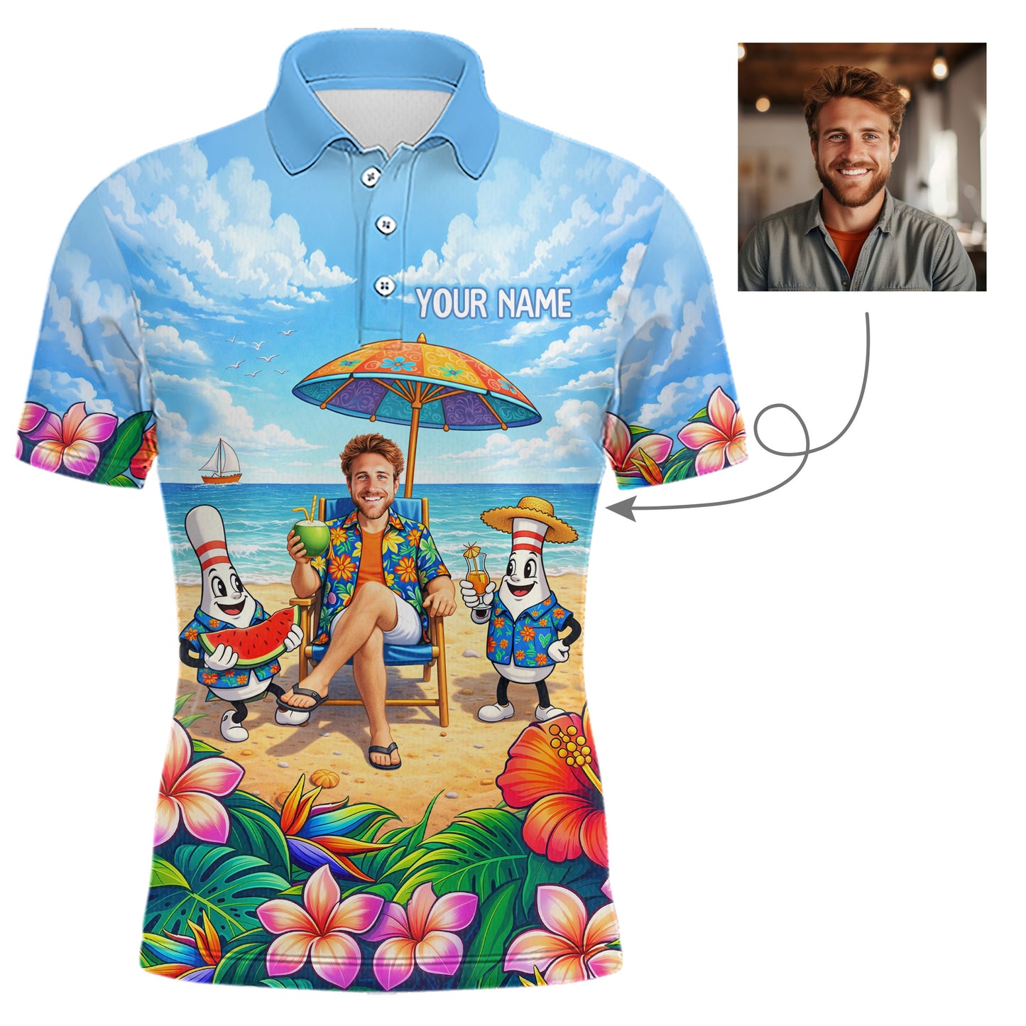 Custom Photo Funny Summer Bowling Jersey for Men Bowling Team Shirts Polo & 1/4 Zip HNT258