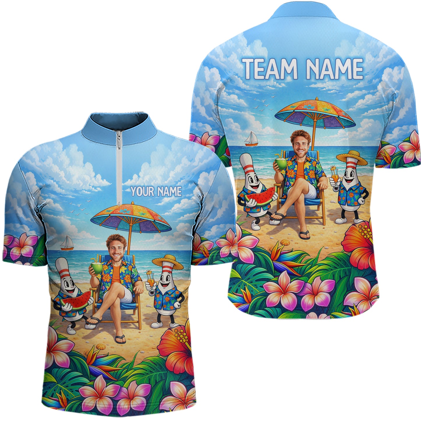Custom Photo Funny Summer Bowling Jersey for Men Bowling Team Shirts Polo & 1/4 Zip HNT258