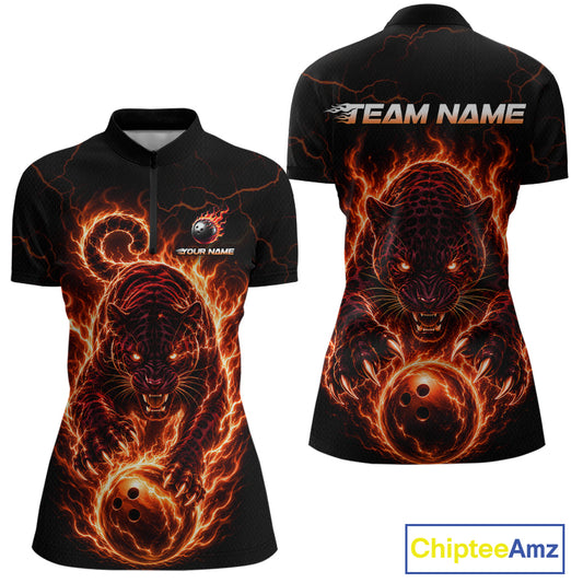 Black polo shirt with fiery panther design on front and back, featuring 'Team Name' text.