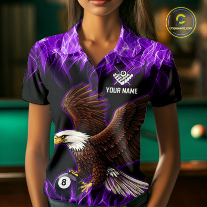 Custom Purple Flame Eagle 8 Ball Billiard Shirts for Women Billiard League Billiard Team Shirts NNT107