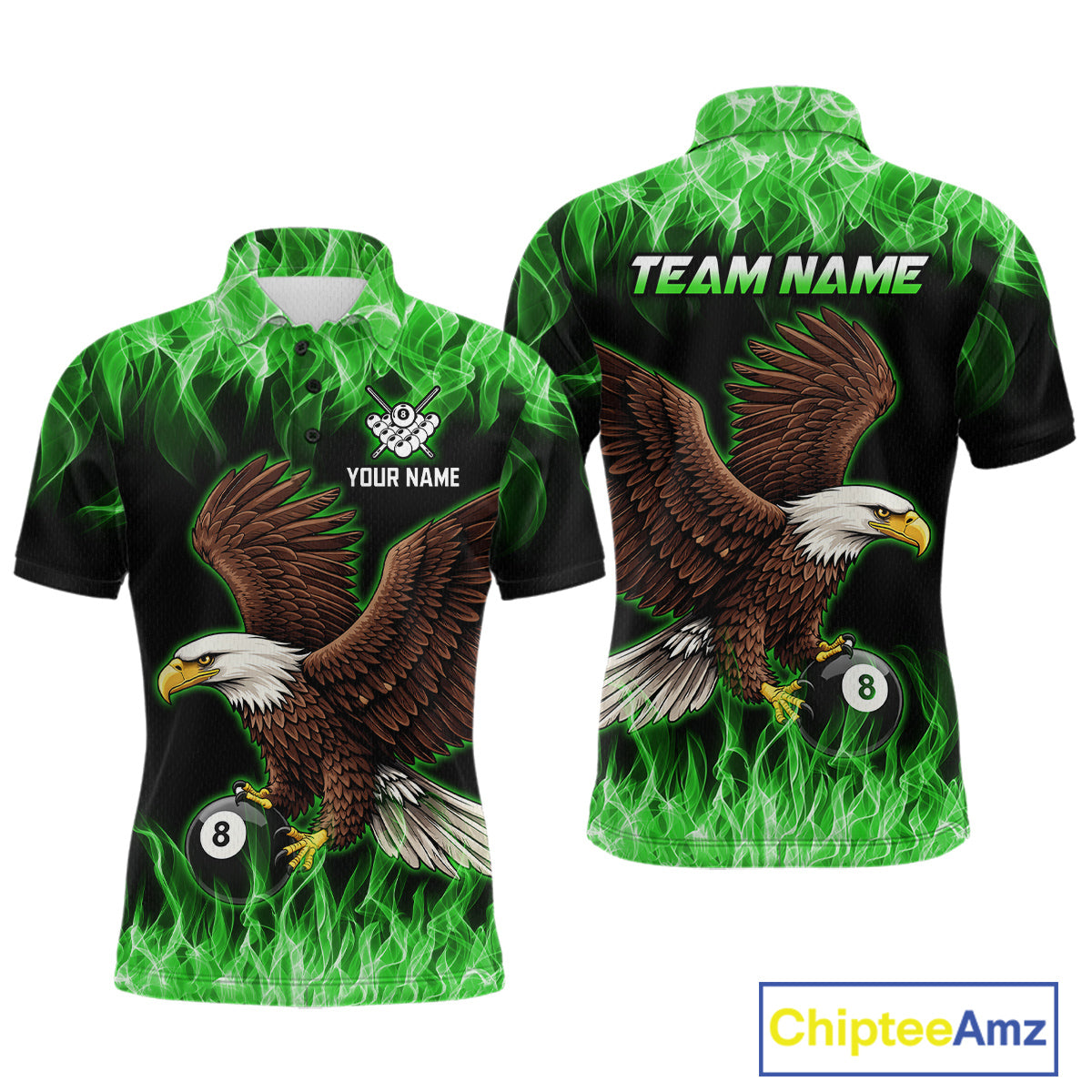 Custom Green Flame Eagle 8 Ball Billiard Shirts for Men Billiard League Billiard Team Shirts NNT107