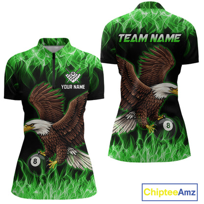 Custom Green Flame Eagle 8 Ball Billiard Shirts for Women Billiard League Billiard Team Shirts NNT107