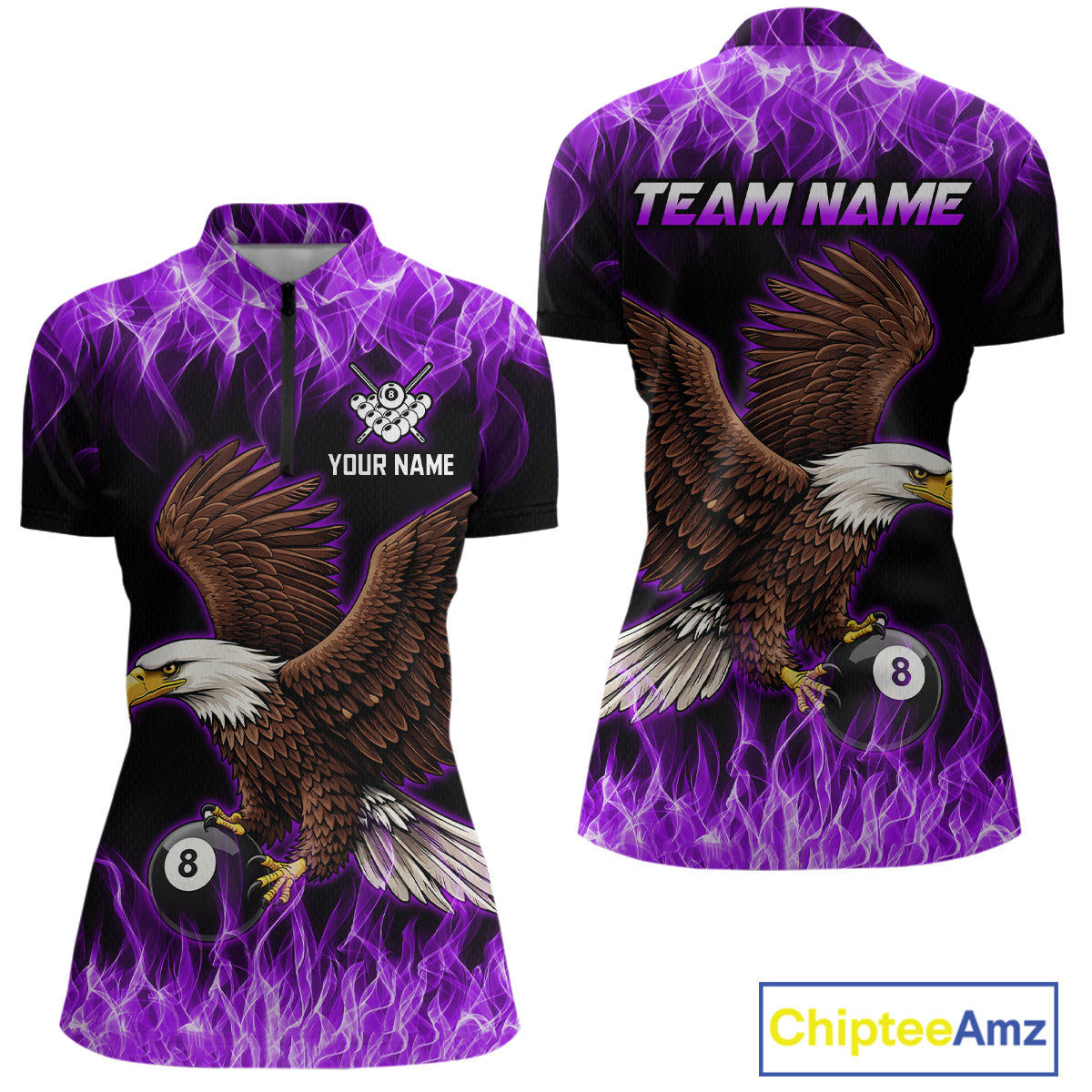 Custom Purple Flame Eagle 8 Ball Billiard Shirts for Women Billiard League Billiard Team Shirts NNT107