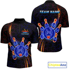 Load image into Gallery viewer, Front and back views of a black bowling quater zip shirt with neon blue and orange cartoon bowling ball and pin graphics, plus custom team name and player name text.