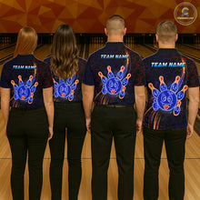 Load image into Gallery viewer, Four-person bowling team with neon blue and orange cartoon bowling ball and pin graphics, plus custom team name and player name text.