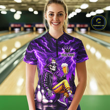 Load image into Gallery viewer, Custom Funny Beer Skull Purple Bowling Shirt for Women Bowling Team Jersey Bowling League HNT296