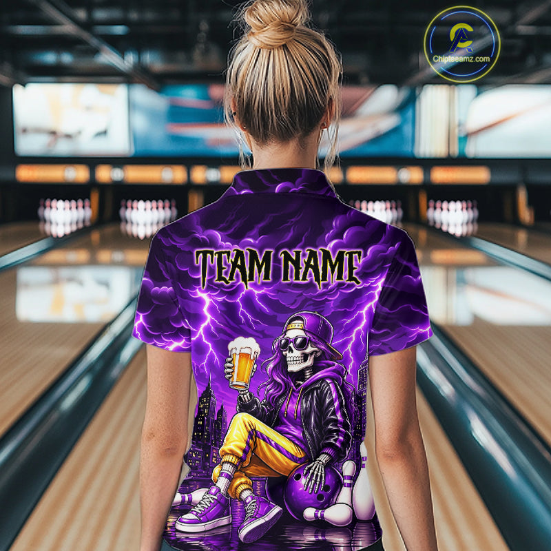 Custom Funny Beer Skull Purple Bowling Shirt for Women Bowling Team Jersey Bowling League HNT296