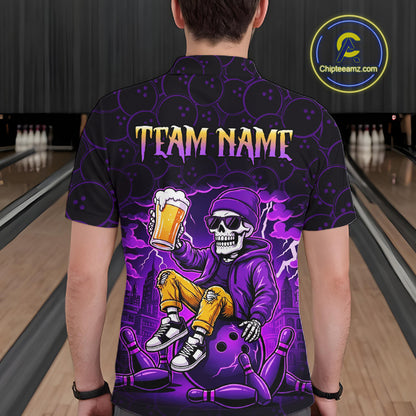 Custom Purple Funny Beer Skull Bowling Shirt for Men Bowling Team Jersey Bowling League HNT297