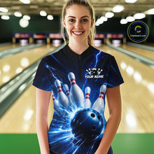 Load image into Gallery viewer, Woman wearing a black and blue bowling quarter zip shirt featuring lightning effects, a large blue bowling ball striking pins, and custom player name text.