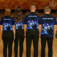 Load image into Gallery viewer, Four people wearing black and blue bowling quarter zip shirt featuring lightning effects, a large blue bowling ball striking pins, and custom team name text.